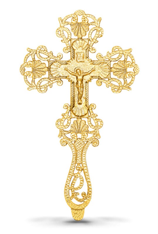 Gold plated Altar Crucifix Jesus Christ Brass Blessing Cross Handmade Greek Orthodox Byzantine Holy Cross religious decor