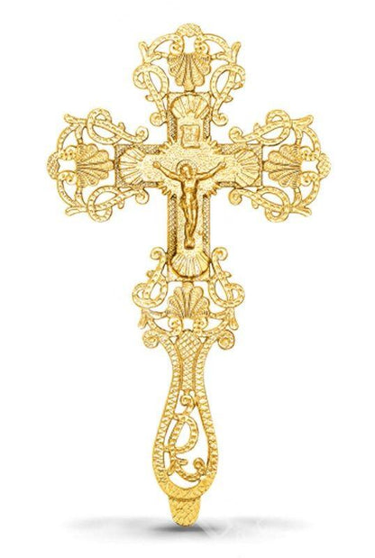 Gold plated Altar Crucifix Jesus Christ Brass Blessing Cross Handmade Greek Orthodox Byzantine Holy Cross religious decor - TheHolyArt