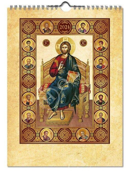2024 30-day Wall Calendar Jesus Christ, Saints Feast days Apolytikio Orthodox Greek Calendar Embossed Gold print religious gift wall decor - TheHolyArt