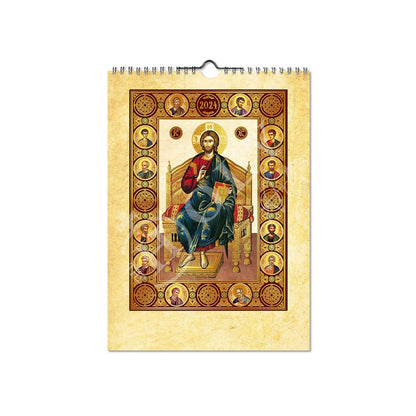2024 30-day Wall Calendar Jesus Christ, Saints Feast days Apolytikio Orthodox Greek Calendar Embossed Gold print religious gift wall decor - TheHolyArt