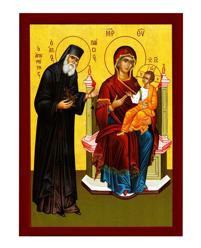 Saint Paisios of Mount Athos icon & Virgin Mary Handmade Greek Orthodox icon Athonite Byzantine art wall hanging on wood plaque gift