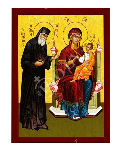 Saint Paisios of Mount Athos icon & Virgin Mary Handmade Greek Orthodox icon Athonite Byzantine art wall hanging on wood plaque gift - TheHolyArt