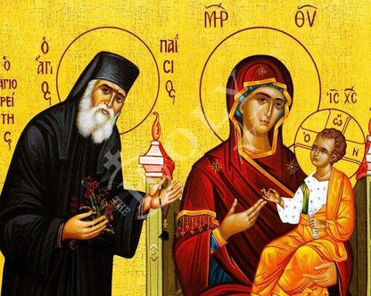 Saint Paisios of Mount Athos icon & Virgin Mary Handmade Greek Orthodox icon Athonite Byzantine art wall hanging on wood plaque gift - TheHolyArt