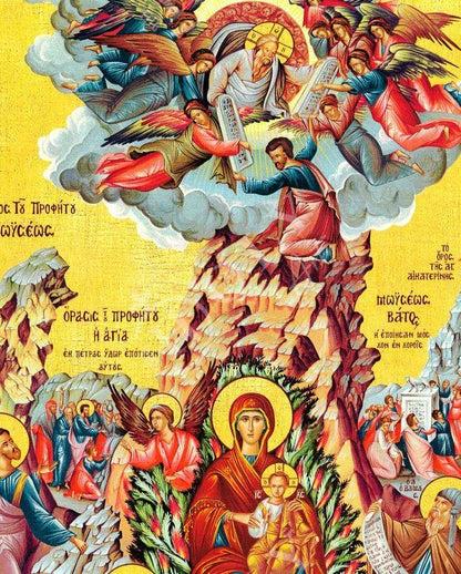 Virgin Mary icon Burning Bush & Moses receive 10 commandments Handmade Greek Orthodox Icon Byzantine art, Theotokos wall hanging wood plaque - TheHolyArt