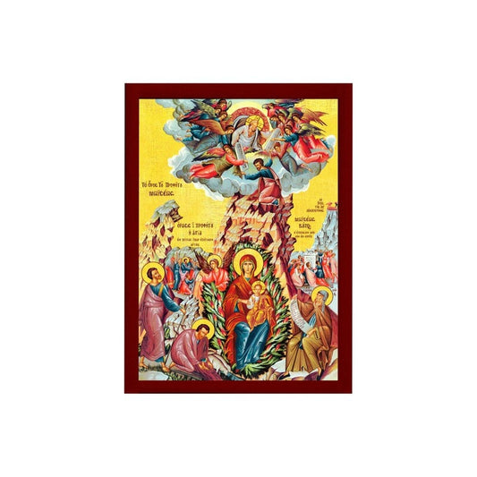 Virgin Mary icon Burning Bush & Moses receive 10 commandments Handmade Greek Orthodox Icon Byzantine art, Theotokos wall hanging wood plaque