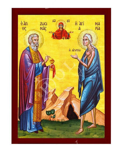 Saint Maria of Egypt & Saint Zossima icon, Handmade Greek Orthodox icon Byzantine art wall hanging wood plaque, religious gift home decor - TheHolyArt