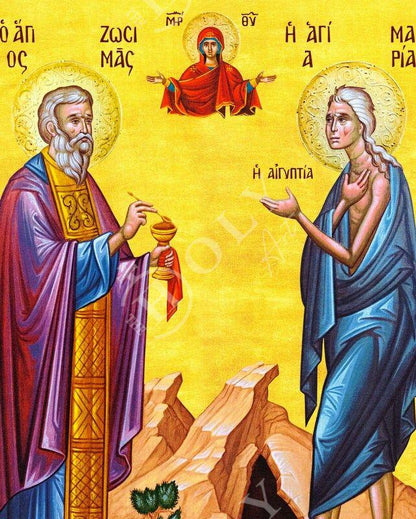 Saint Maria of Egypt & Saint Zossima icon, Handmade Greek Orthodox icon Byzantine art wall hanging wood plaque, religious gift home decor - TheHolyArt