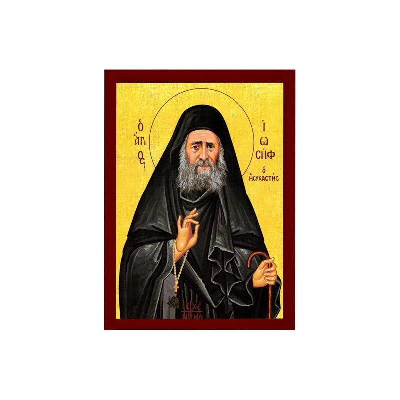 Saint Joseph Hesychast icon Handmade Greek Orthodox icon of St Joseph of Mt Athos Byzantine art wall hanging wood plaque, religious gift
