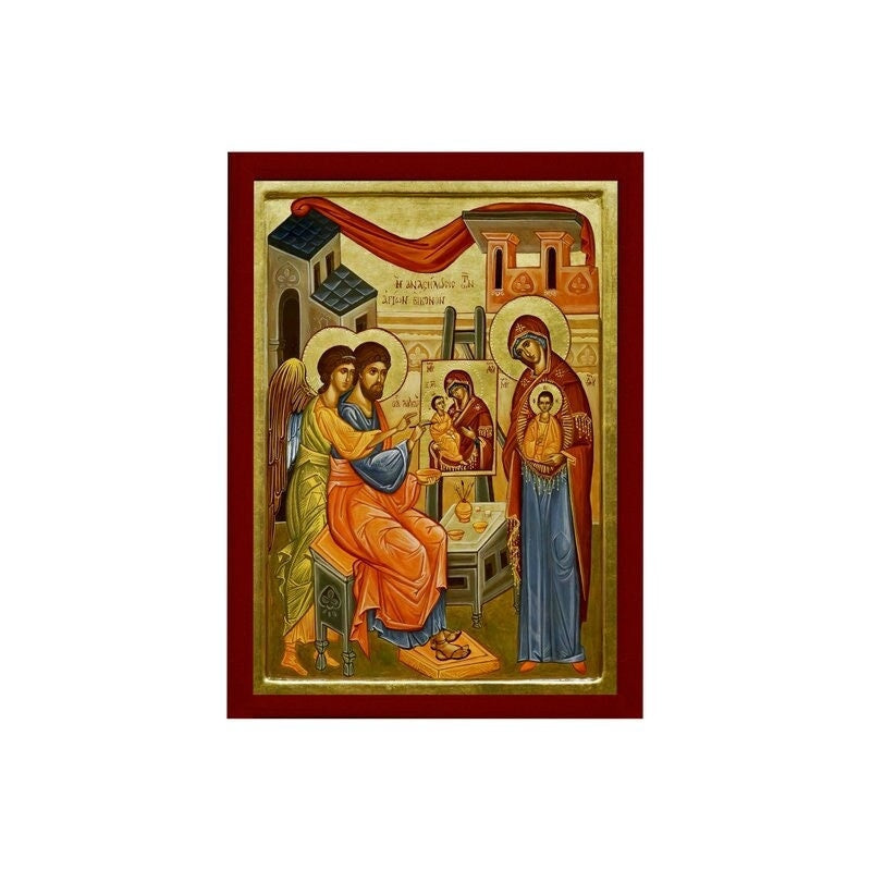 Apostle Saint Luke Painting Virgin Mary Handmade Greek Orthodox icon The Restoration of Holy icons Byzantine art wall hanging wood plaque