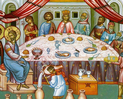 Wedding at Cana icon, Handmade Greek Orthodox icon, Byzantine art wall hanging of marriage feast at Cana, religious decor - TheHolyArt