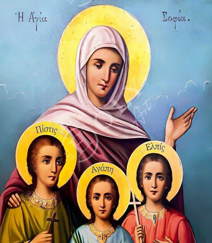 Saint Sophia icon, Orthodox icon St Sofia the Martyr, Greek Handmade Byzantine art wall hanging of Hagia Sophia wood plaque, religious decor - TheHolyArt