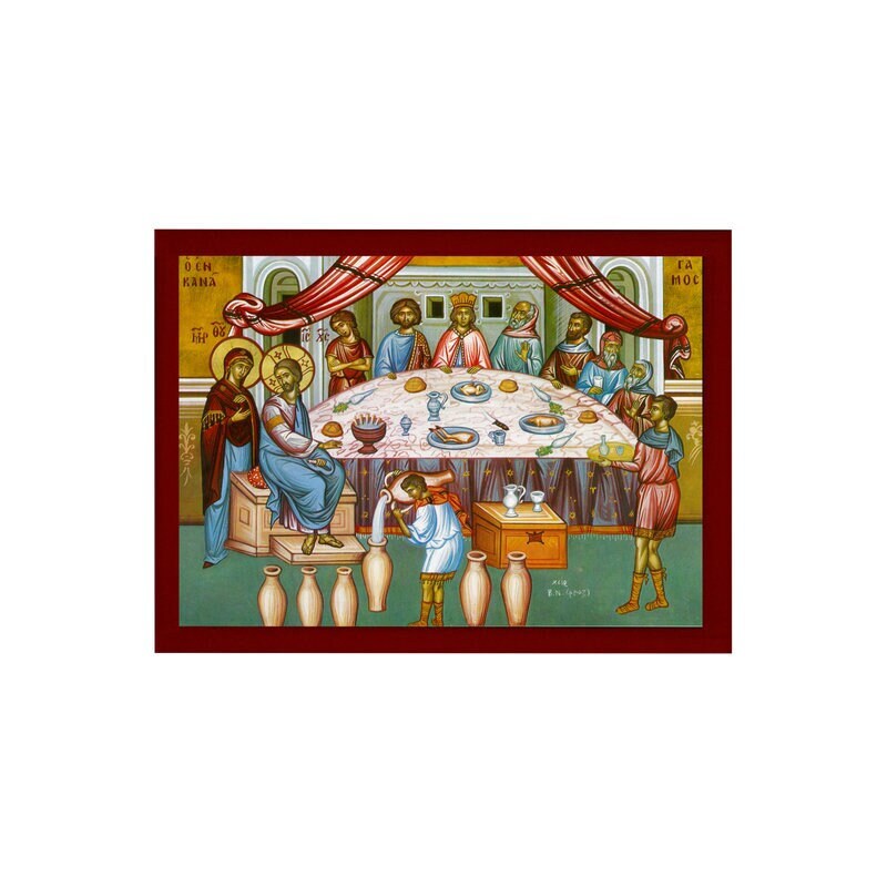 Wedding at Cana icon, Handmade Greek Orthodox icon, Byzantine art wall hanging of marriage feast at Cana, religious decor